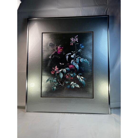 Large Foil Art Framed Vintage MCM Siver Nature Birds Butterfly Rena Hand Etched - Picture 1 of 16